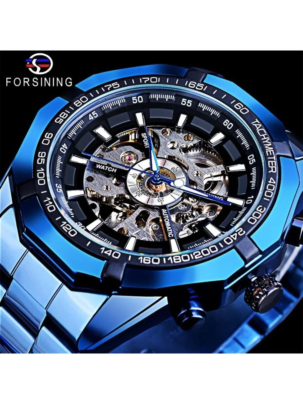 Men's Blue Black Self-Wind Skeleton Hollow Out Mechanical Automatic Luxury Watch